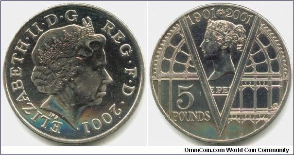 Great Britain, 5 pounds 2001. Queen Elizabeth II - Centennial of Queen Victoria Death.