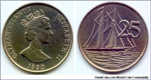 Cayman Islands, 25 cents 1990.
Queen Elizabeth II.