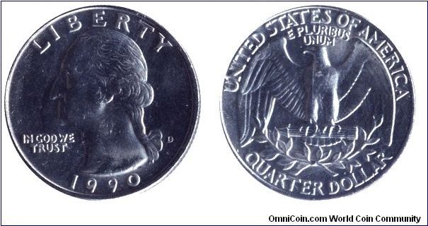 USA, 1/4 dollar, 1990, MM: D, Washington                                                                                                                                                                                                                                                                                                                                                                                                                                                                            