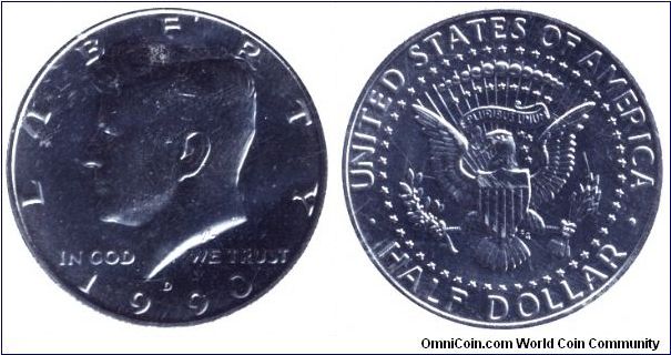 USA, 1/2 dollar, 1990, MM: D, J. F. Kennedy.                                                                                                                                                                                                                                                                                                                                                                                                                                                                        