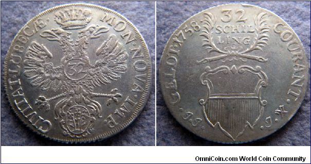 Lubeck, 32 schilling, 1758 JJJ, 18.3200g, .750 silver. .4418 oz ASW