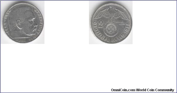 1938 Germany 2 Nazi Reich Mark (Silver)