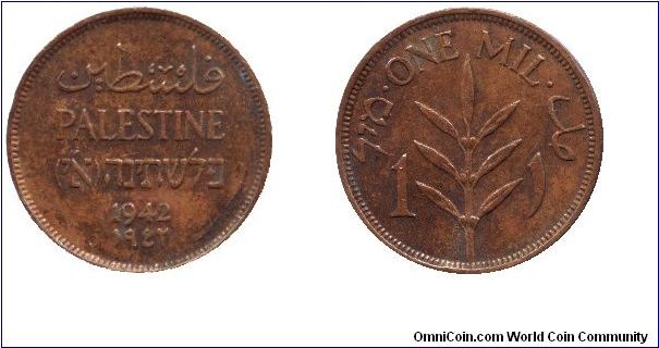 Palestine, 1 mil, 1942, Bronze, Olive Branch.                                                                                                                                                                                                                                                                                                                                                                                                                                                                       