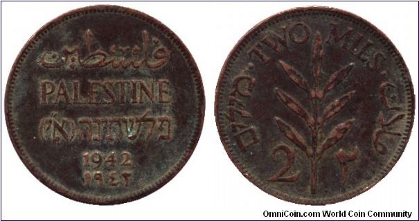Palestine, 2 mils, 1942, Bronze, Olive Branch.                                                                                                                                                                                                                                                                                                                                                                                                                                                                      