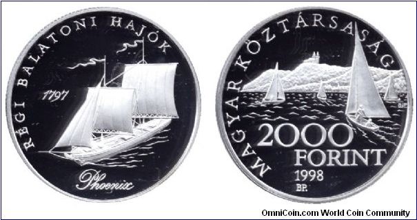 Hungary, 2000 forint, 1998, Ag, Old ships from Lake Balaton, Phoenix - 1797.                                                                                                                                                                                                                                                                                                                                                                                                                                        