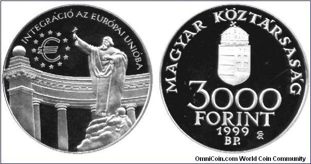 Hungary, 3000 forint, 1999, Ag, Integration into the EU, Euro, Cardinal St. Gellert.                                                                                                                                                                                                                                                                                                                                                                                                                                