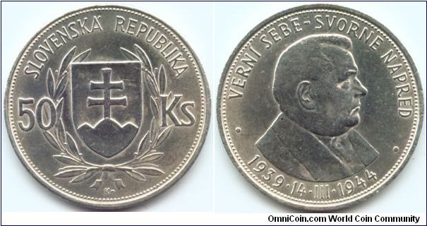 Slovakia, 50 korun 1944.
President Joseph Tiso - 5th Anniversary of Independence.