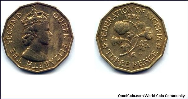 Nigeria, 3 pence 1959.
Queen Elizabeth II.