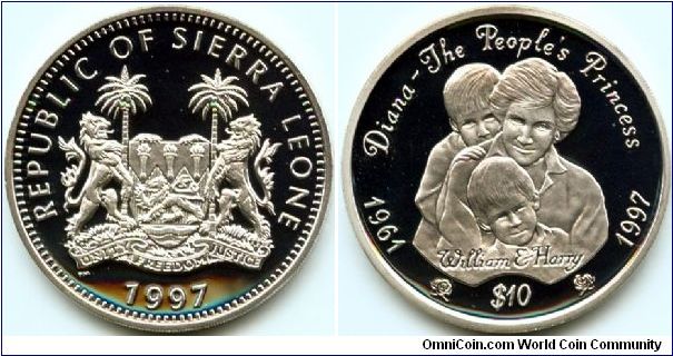 Sierra Leone, 10 dollars 1997.
Diana - the People's Princess.
William & Harry.