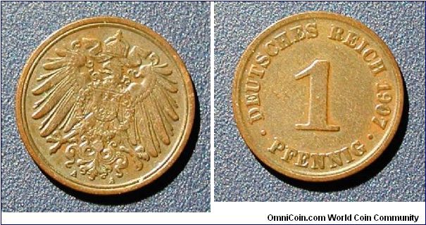 1907 Germany, Empire, 1 Pfennig