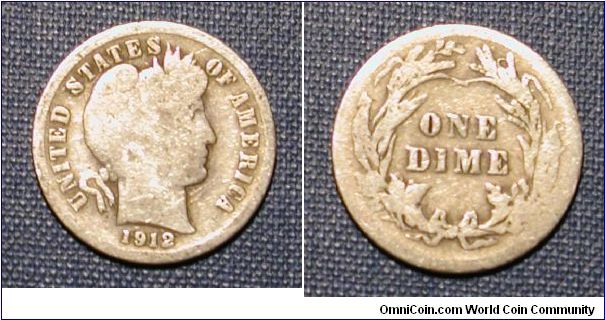 1912 Barber Dime, Part of the Sickly Barber Collection.