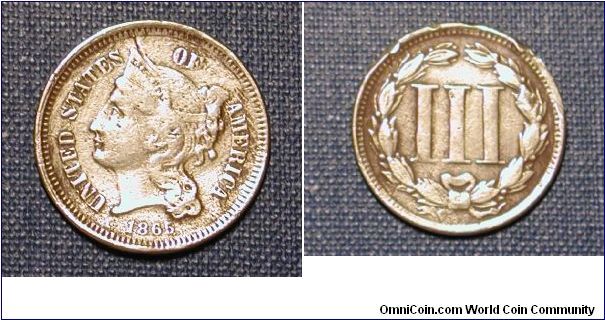 1865 Three Cent Nickel (Nicked as well).