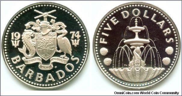 Barbados, 5 dollars 1974.