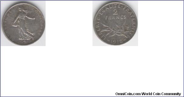 1918 France 2 Francs (Silver)