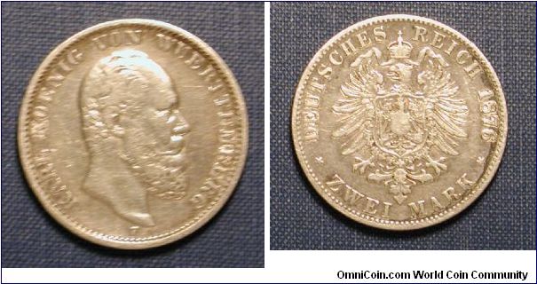 1876 German States, Wurttemburg, 2 Marks, Silver
