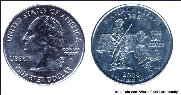 USA, 1/4 dollar, 2000, MM: P, Massachusetts - 1788, The Bay State,  Washington.                                                                                                                                                                                                                                                                                                                                                                                                                                     