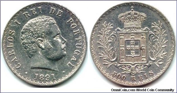 Portugal, 500 reis 1891.
King Carlos I.