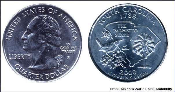 USA, 1/4 dollar, 2000, MM: P, South Carolina - 1788, The Palmetto State, Washington                                                                                                                                                                                                                                                                                                                                                                                                                                 