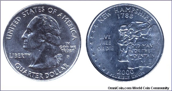 USA, 1/4 dollar, 2000, MM: P, New Hampshire - 1788, Live Free or Die, Washington                                                                                                                                                                                                                                                                                                                                                                                                                                    