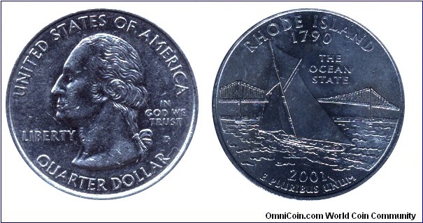 USA, 1/4 dollar, 2001, MM: D, Rhode Island - 1790, The Ocean State, Washington                                                                                                                                                                                                                                                                                                                                                                                                                                      