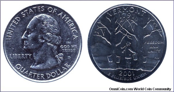 USA, 1/4 dollar, 2001, MM: D, Vermont - 1791, Freedom and Unity, Washington                                                                                                                                                                                                                                                                                                                                                                                                                                         