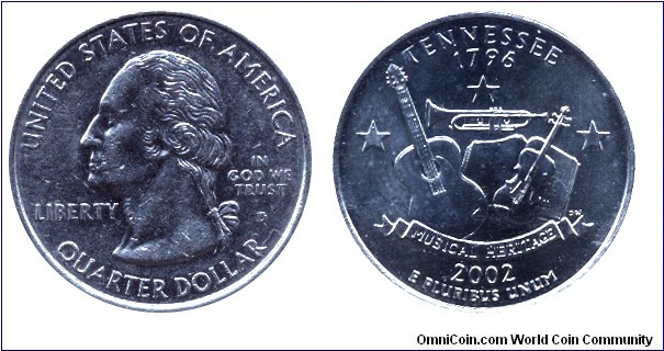 USA, 1/4 dollar, 2002, MM: D, Tennesse - 1796, Musical Heritage, Washington                                                                                                                                                                                                                                                                                                                                                                                                                                         