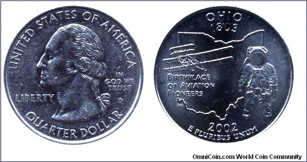 USA, 1/4 dollar, 2002, MM: D, Ohio - 1803, Birthplace of Aviation Pioneers, Washington                                                                                                                                                                                                                                                                                                                                                                                                                              