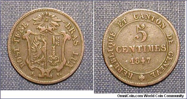 1847 Switzerland (Geneva) 5 Centimes