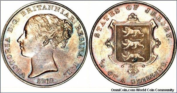 Jersey copper 1/13 of a shilling. Young head of Victoria and Coat of Arms of Jersey.
Images copyright Chard