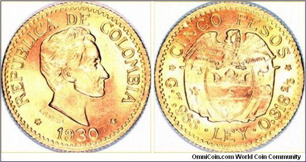 Gold 5 pesos of Colombia 1930, with head of Simon Bolivar.
Images copyright Chard