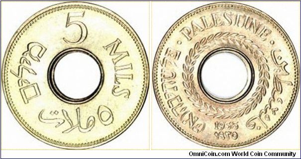 5 Mils from Palestine 1935, AH date 1353 - 1354.
Images copyright Chard