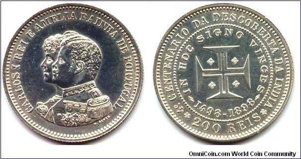 Portugal, 200 reis 1898.
King Carlos I and Queen Amelia - 400th Anniversary Discovery of India.