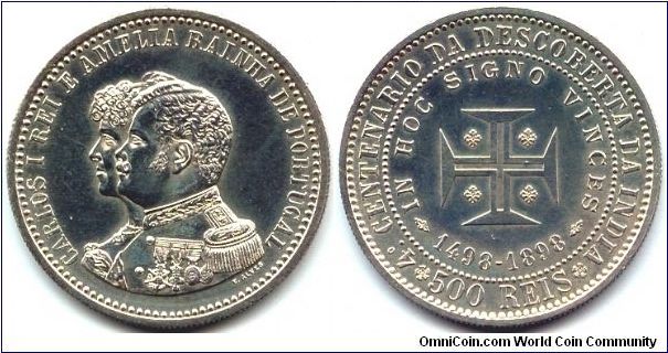 Portugal, 500 reis 1898.
King Carlos I and Queen Amelia - 400th Anniversary Discovery of India.