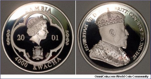 Silver proof 4000 Kwacha crown, celebrating the centenary of the accession of Edward VII in 1901. There is also a similar coin with Queen Victoria, who died in 1901.