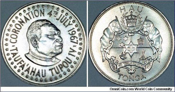 World's first palladium coinage, part of three-coin set issued for the Coronation of King Taufa Ahau Tupou IV, consisting of 1, 1/2, and 1/4 Hau.