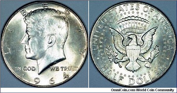 The definitive Kennedy half dollar, 1964, the only date issued in 90% silver, and an inexpensive classic coin.