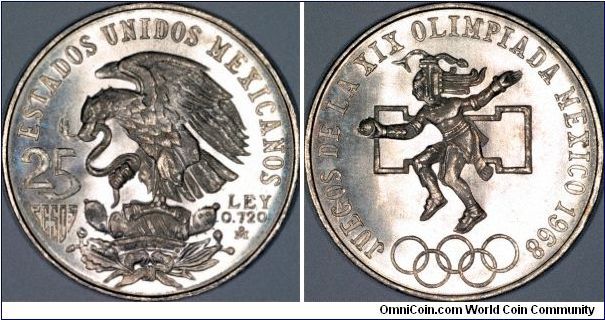 Silver 25 pesos crown issued for the Mexico City Olympic Games of 1968.
Although this is a relatively common coin, it is quite beeautiful, and deserves a place in most coin collections.