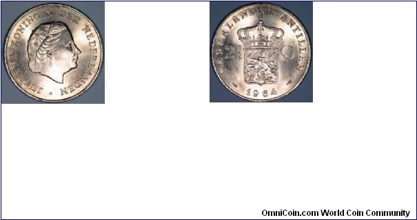 Silver 2 1/2 guilder crown with portrait of Queen Juliana of the Netherlands.