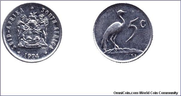 South Africa, 5 cents, 1974, Ni, Blue Crane.                                                                                                                                                                                                                                                                                                                                                                                                                                                                        
