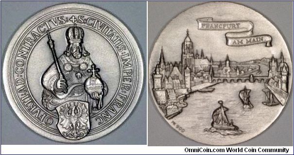 Modern silver medallion of Frankfurt, undated but probably produced around 1994 for the 1200th anniversary of its founding. We have not yet had time to research who is the saintly figure on the obverse, but the reverse is a mediaeval style view of the city and river Main, with an inscription FRANCFURT AM MAIN.