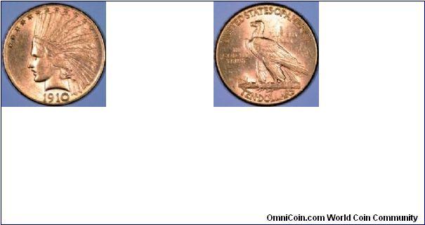 Gold eagle 10 dollars, Denver Mint 1910.