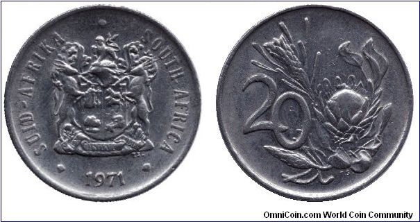 South Africa, 20 cents, 1971, Ni, Protea tree.                                                                                                                                                                                                                                                                                                                                                                                                                                                                      