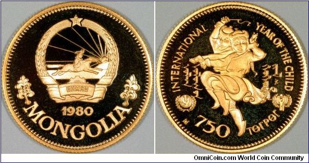 Mongolian gold 750 Tughrik proof to commemorate the International Year of the Child.