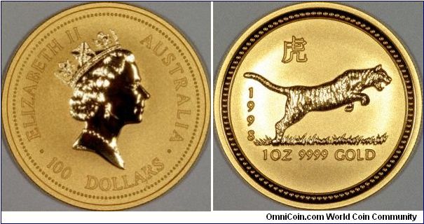 Lunar calendar Year of the Tiger 1998 - 1999. The Perth Mint in Australia produce these Chinese Lunar Calendar coin series, in silver also, which are very popular with many of Australia's Pacific rim neighbours.