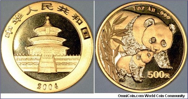 One ounce gold panda from The People's Republic of China, featuring the Temple of Heaven on the obverse, and a different panda design (almost) every year.