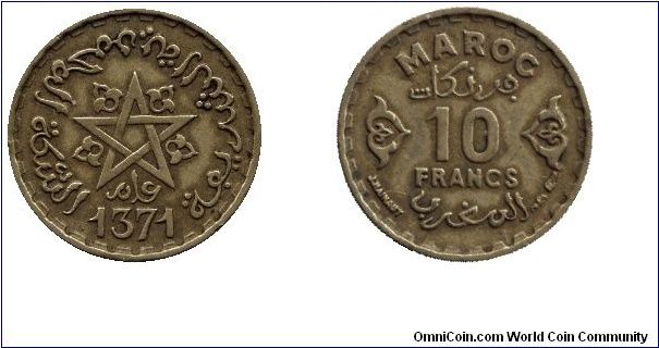 Morocco, 10 francs, 1952, Al-Bronze, AH1371                                                                                                                                                                                                                                                                                                                                                                                                                                                                         