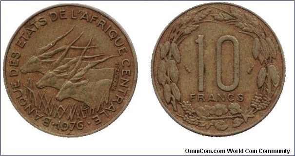Central African republic, 10 francs, 1976, Al-Bronze.                                                                                                                                                                                                                                                                                                                                                                                                                                                               