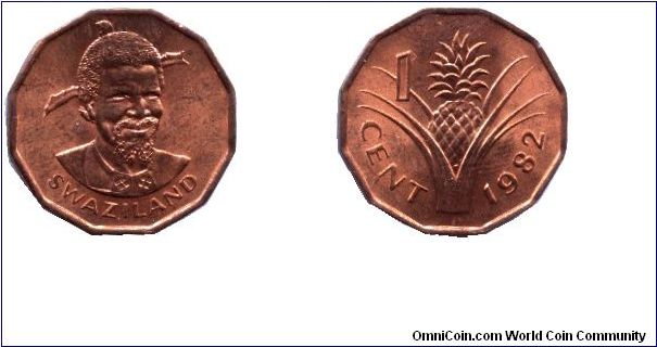 Swaziland, 1 cent, 1982, Bronze, Pineapple, King Sobhuza II.                                                                                                                                                                                                                                                                                                                                                                                                                                                        