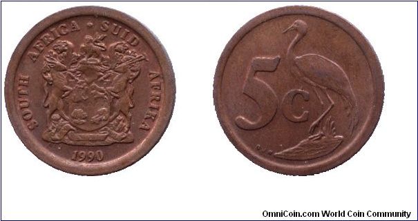 South Africa, 5 cents, 1990, Cu-Steel, Blue Crane.                                                                                                                                                                                                                                                                                                                                                                                                                                                                  
