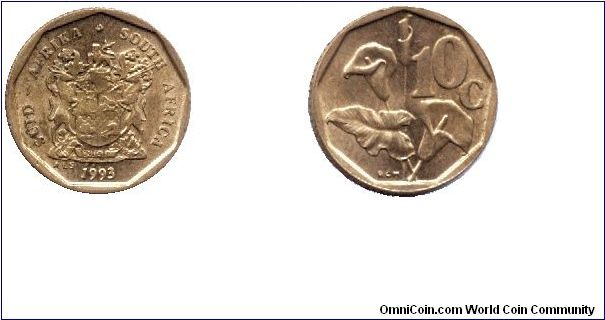 South Africa, 10 cents, 1993, Brass-Steel.                                                                                                                                                                                                                                                                                                                                                                                                                                                                          